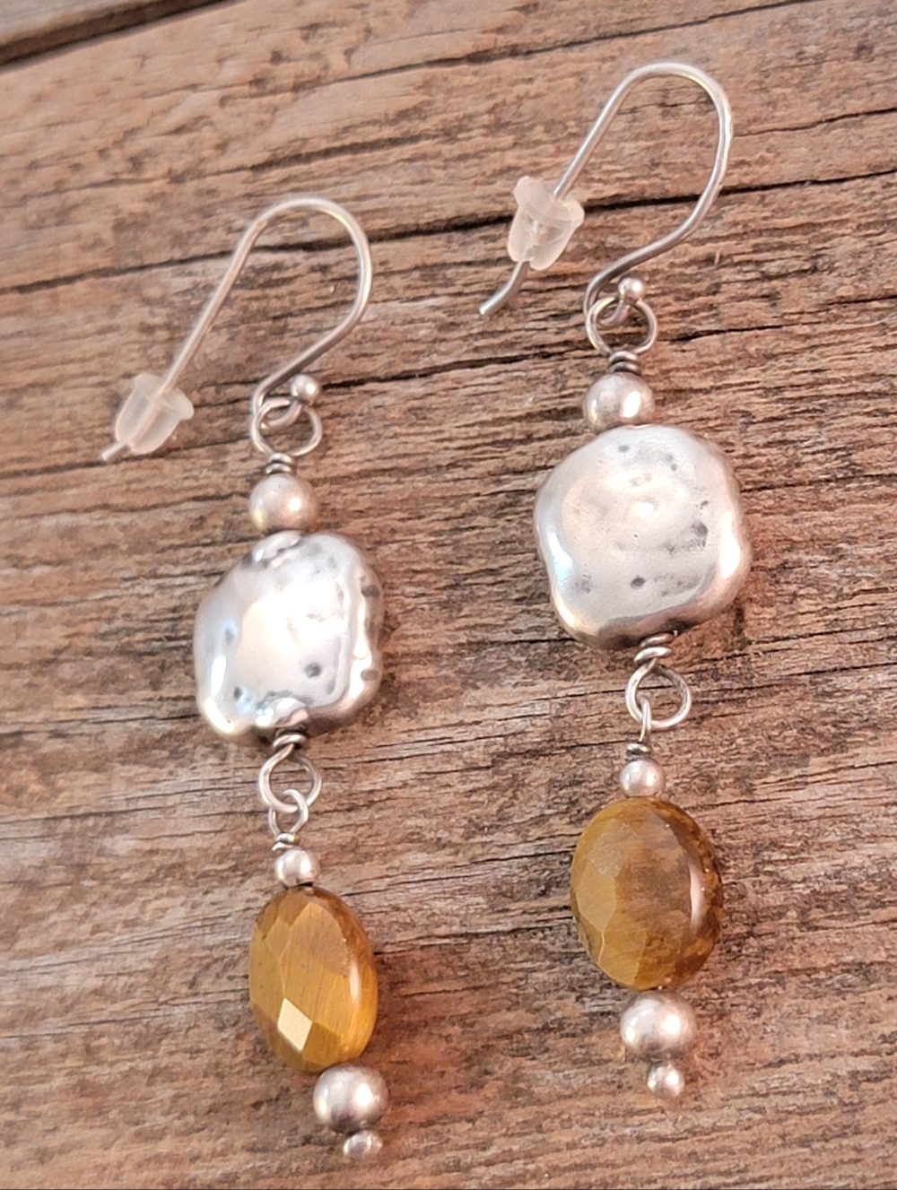 Silpada Hammered Sterling Silver & Faceted Tigers Eye Dangle Drop Earrings - Picture 3 of 4